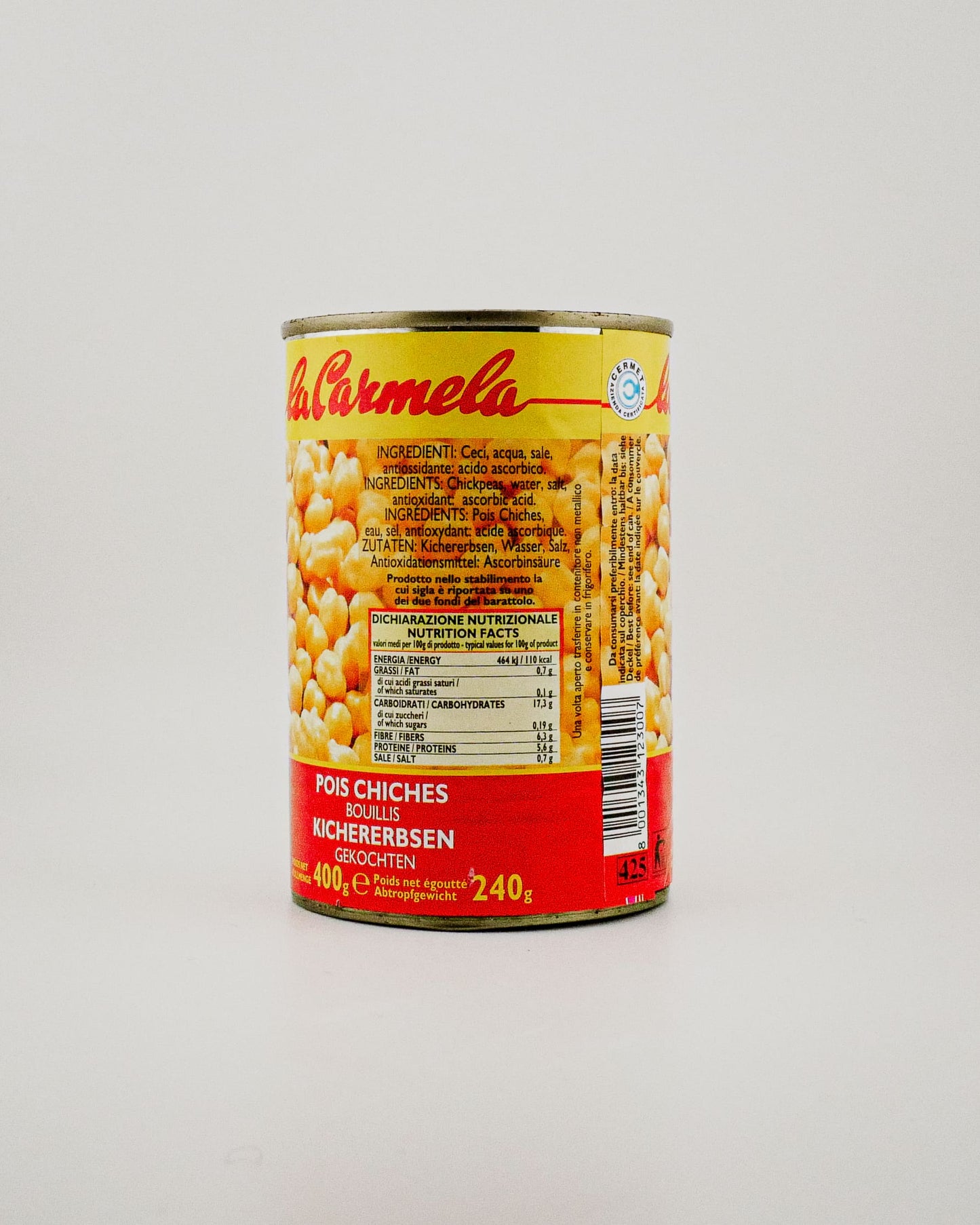 Can of La Carmela beans on a white background