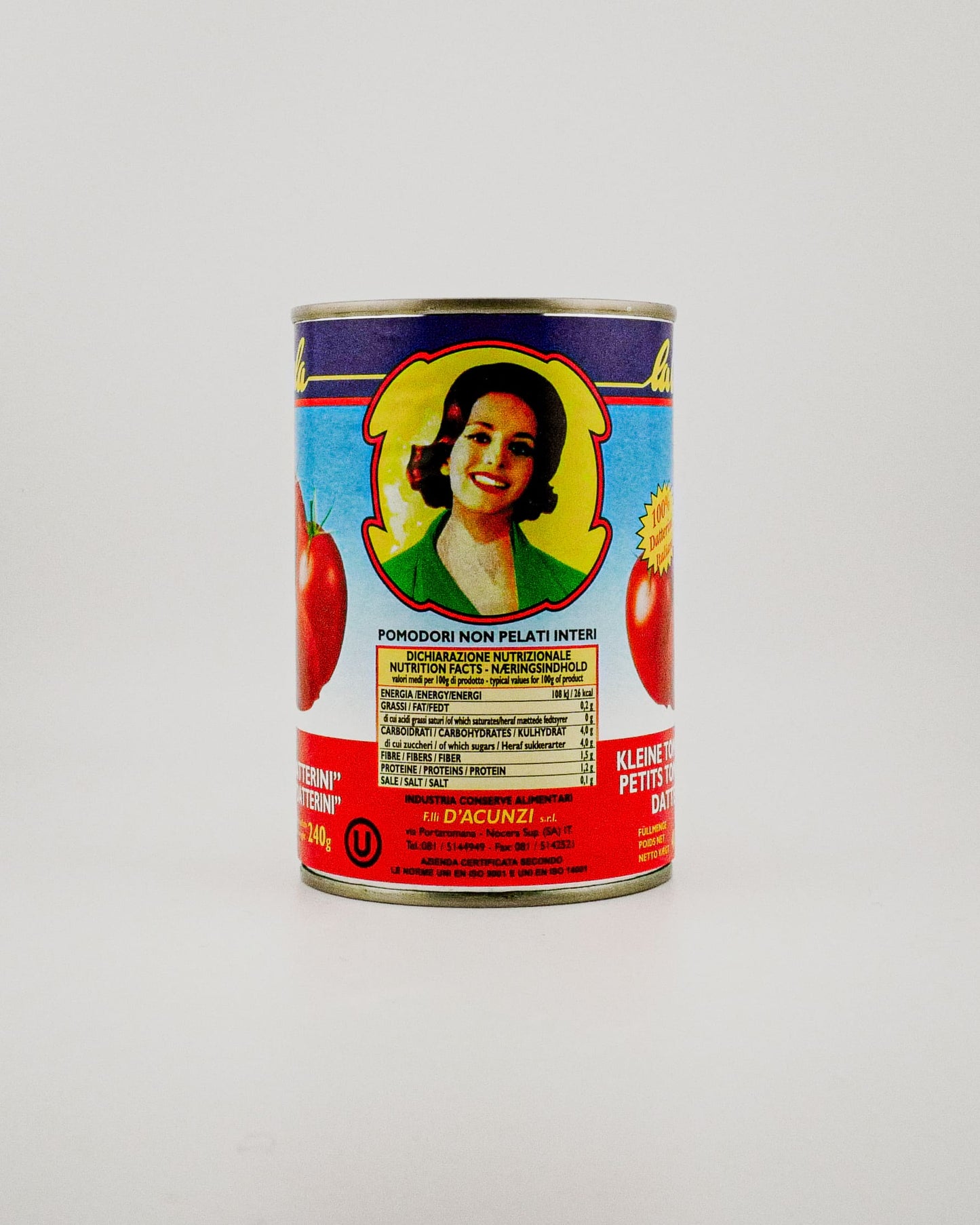 Can of tomatoes with a colorful label featuring a woman's face on a white background