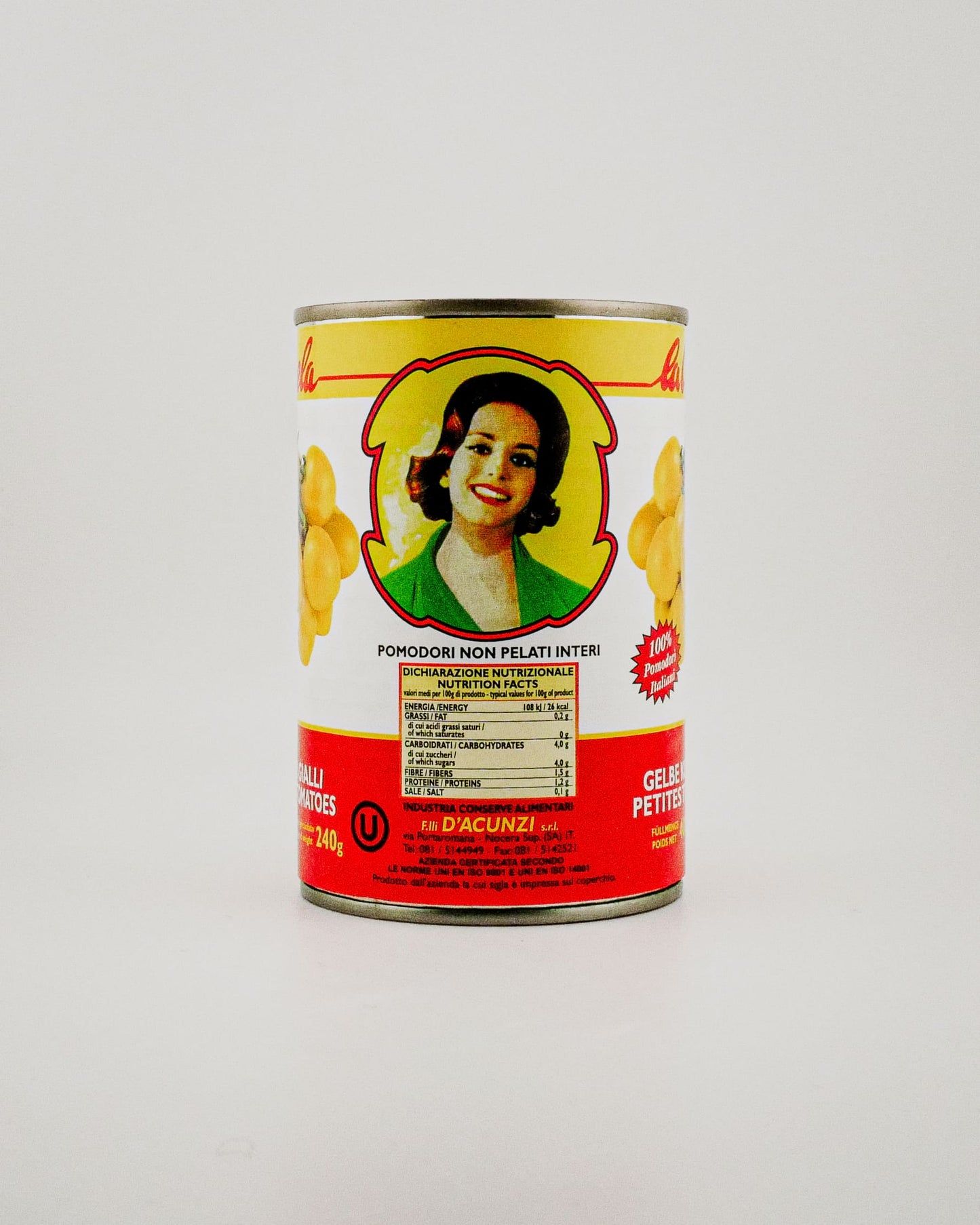 Can with a colorful label featuring a woman's portrait on a white background