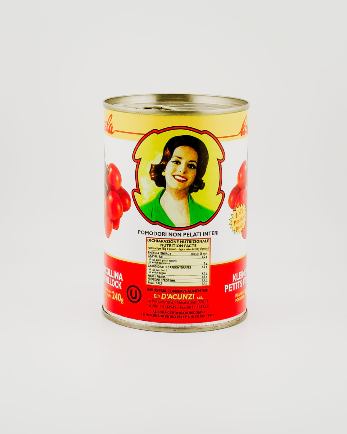 Hill tomatoes in a tin on white background