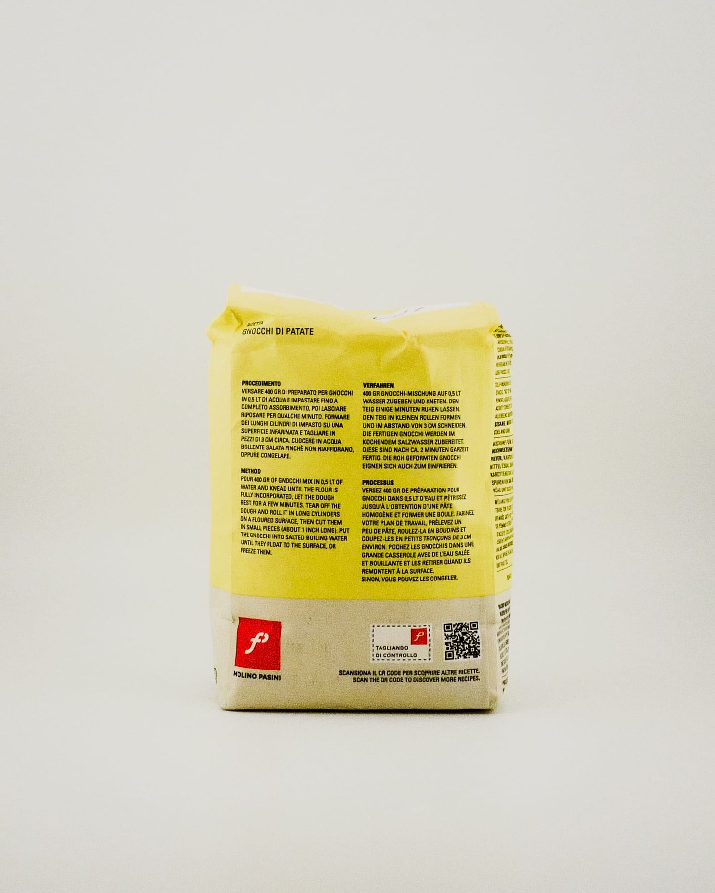 Gnocchi Flour bag with yellow label and red logo on a white background
