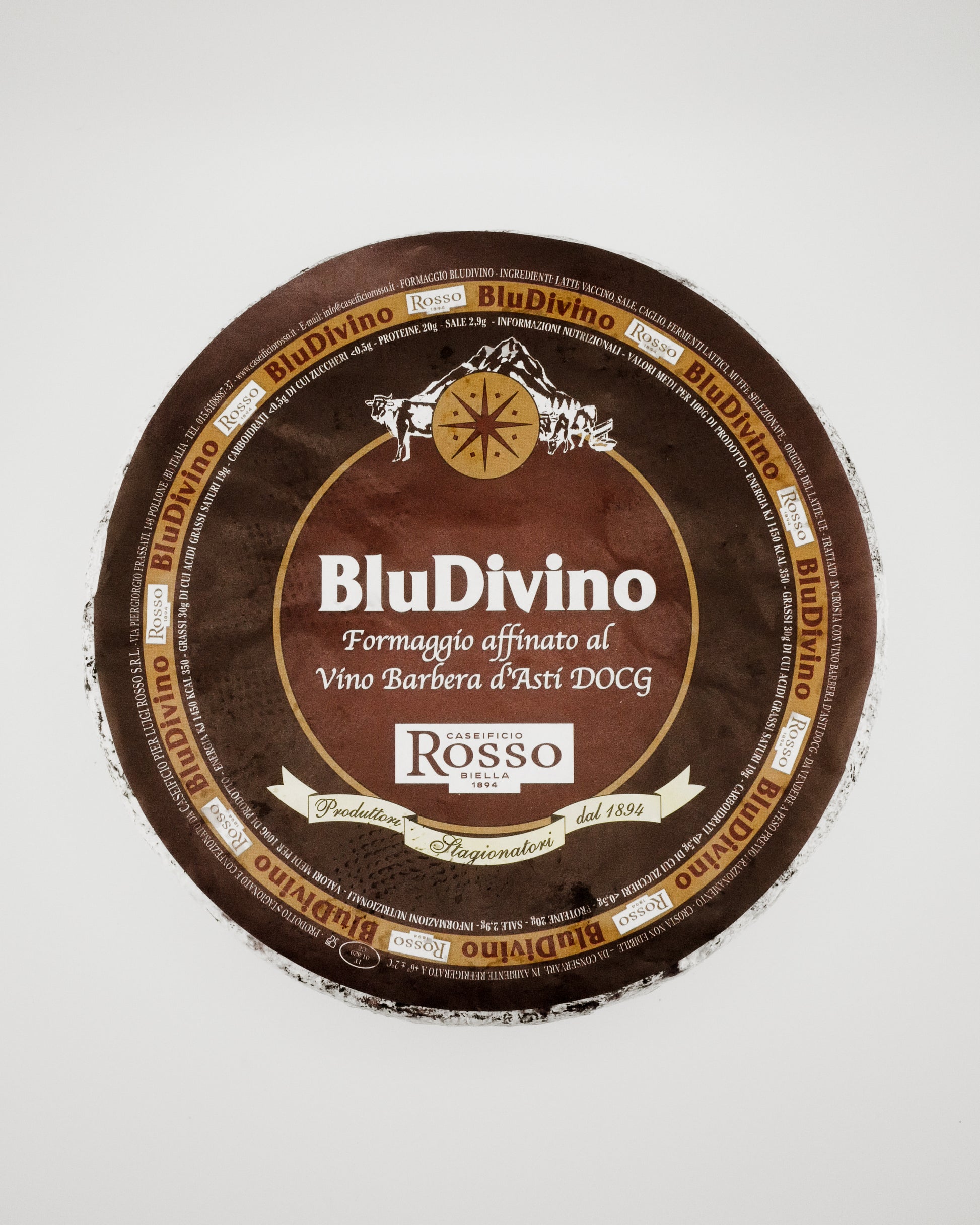 BluDivino cheese wheel with label on a white background