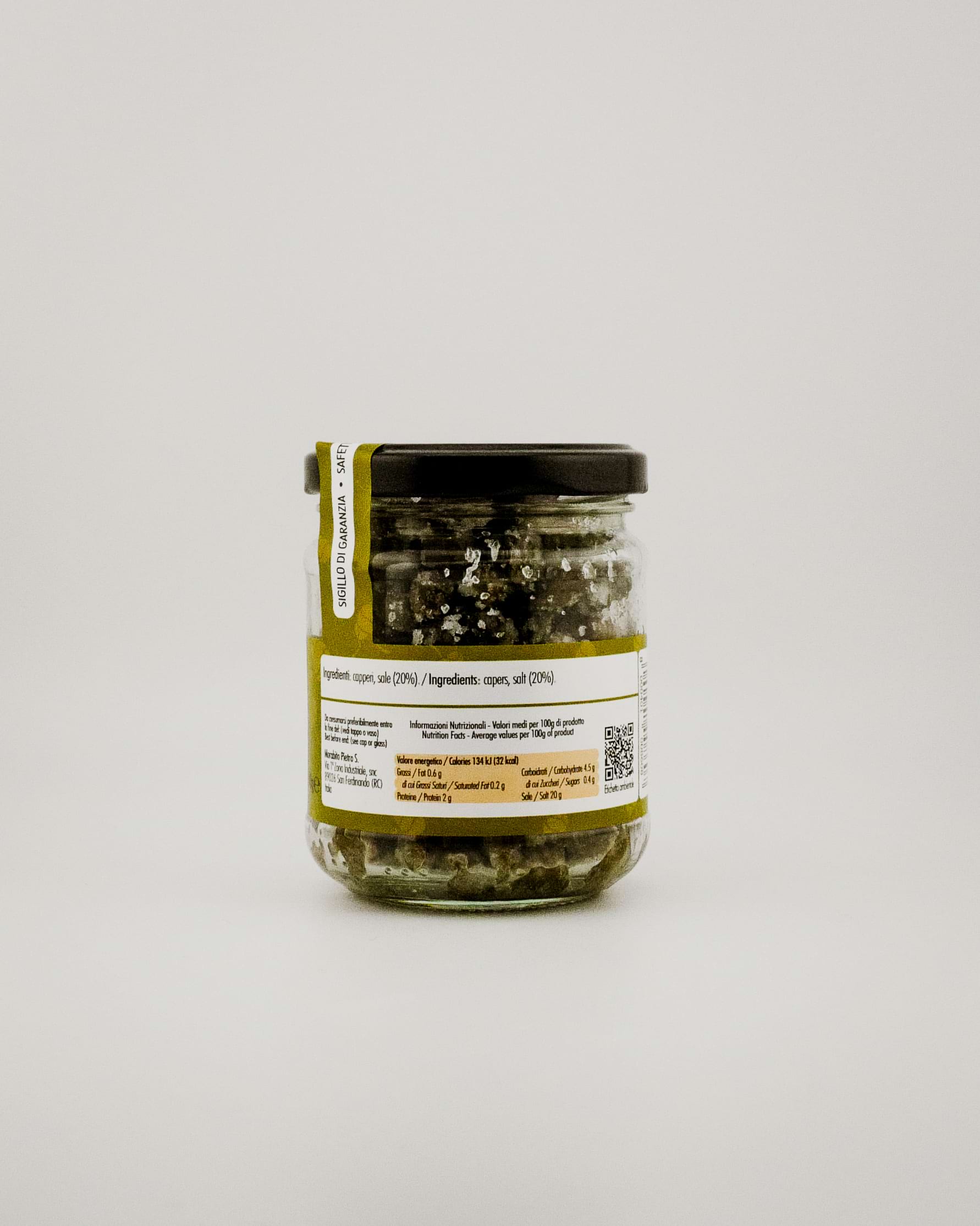 Jar of Morabito Capperi al Sale on a white background back