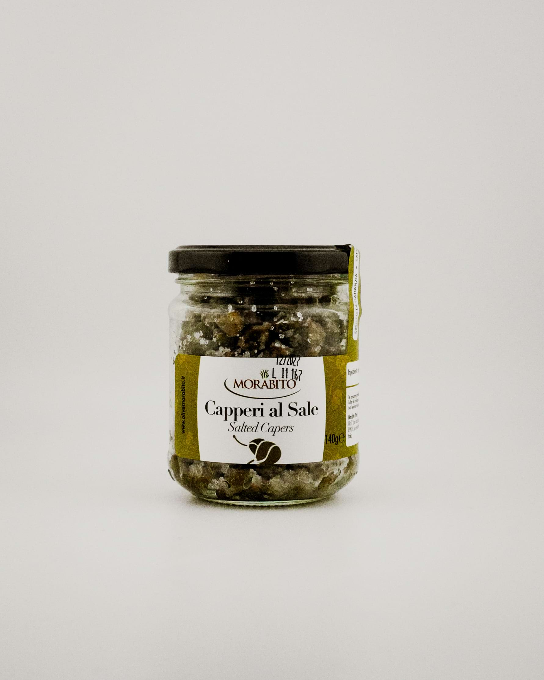 Jar of Morabito Capperi al Sale on a white background