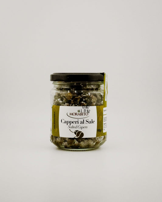 Jar of Morabito Capperi al Sale on a white background