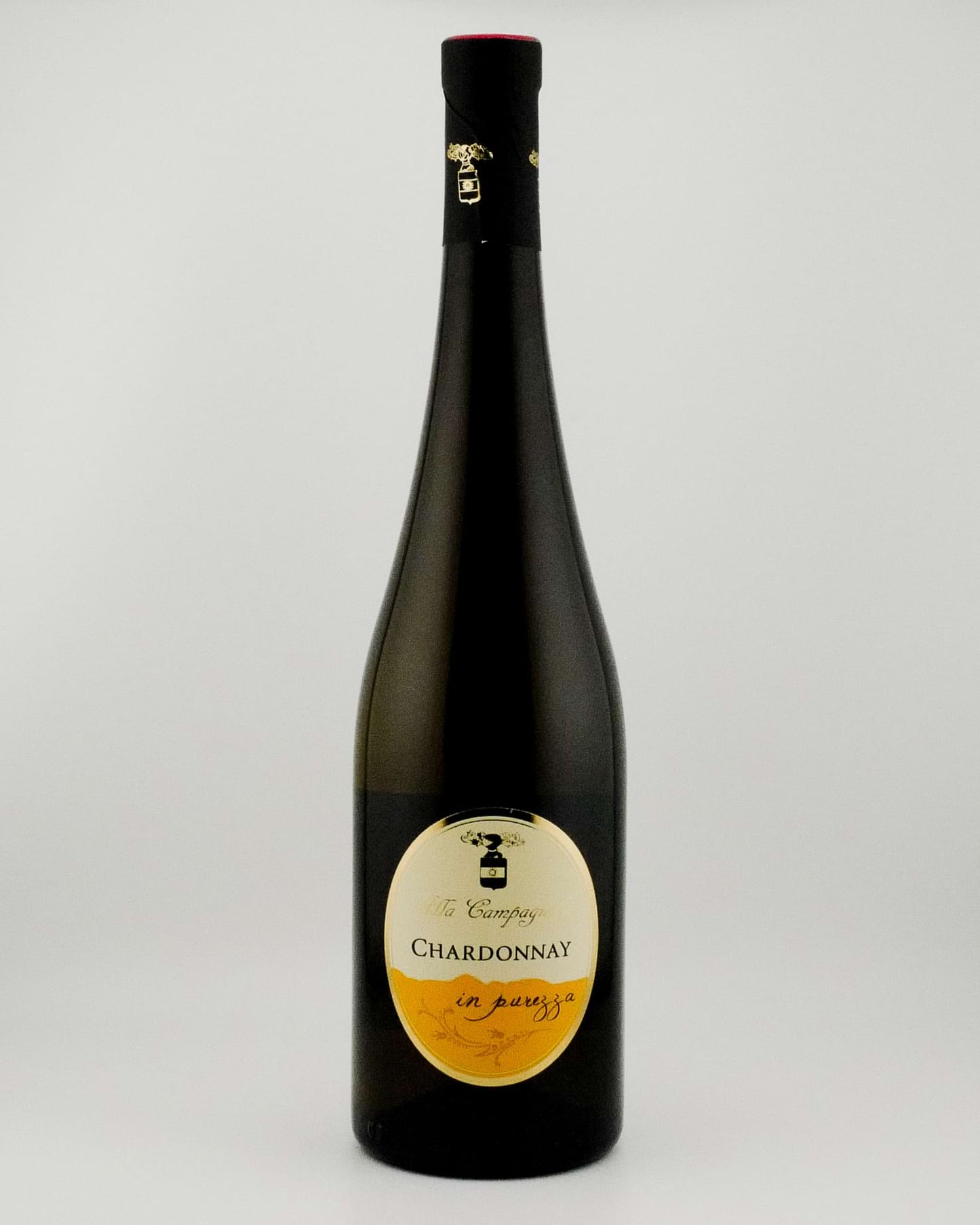 Wine bottle labeled 'Chardonnay' on a white background