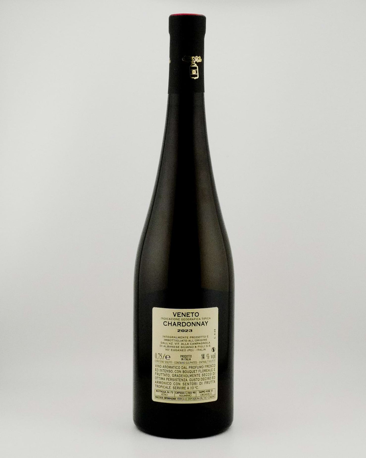 Black wine bottle with a label on a white background