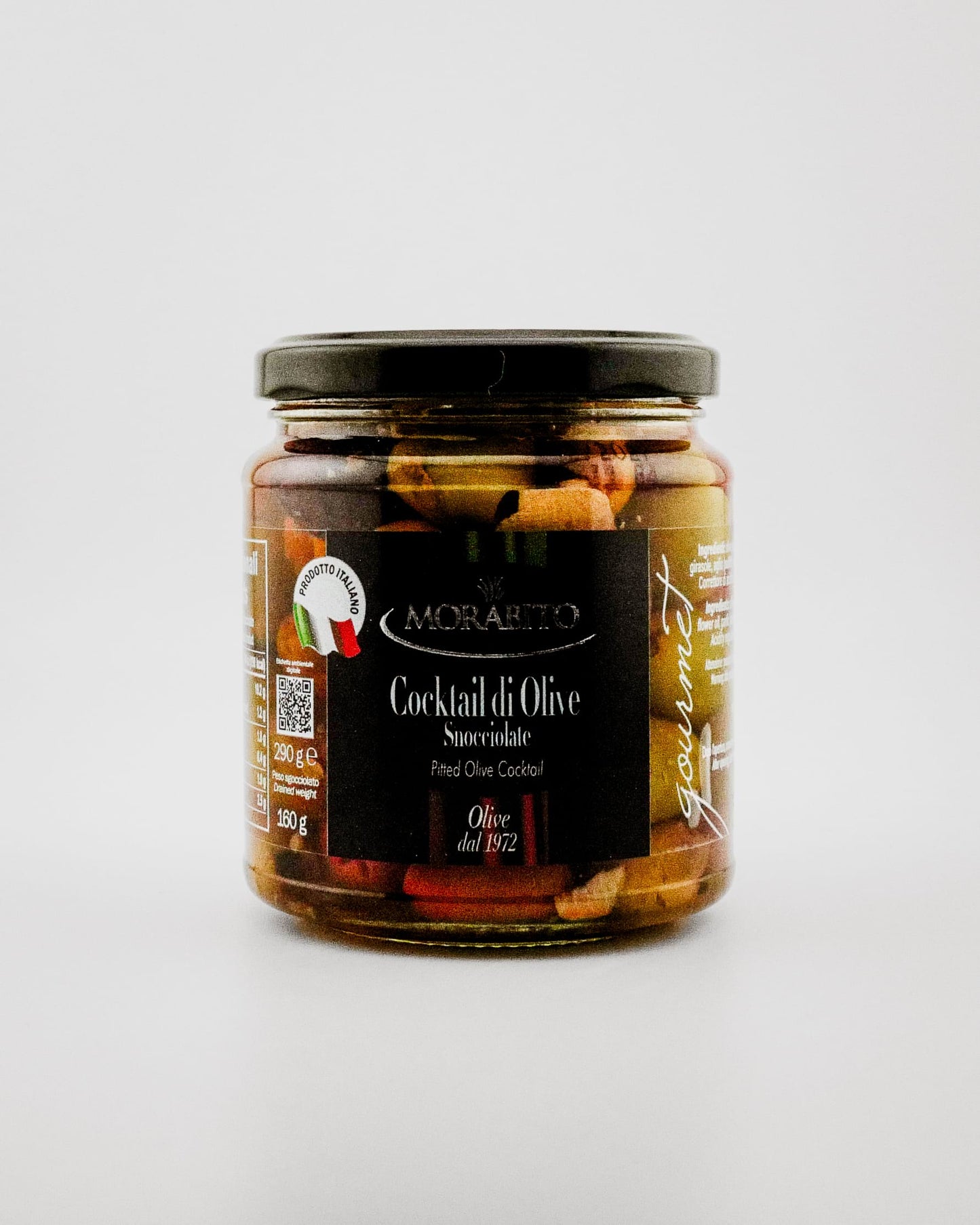 Jar of Morabito olives on a white background