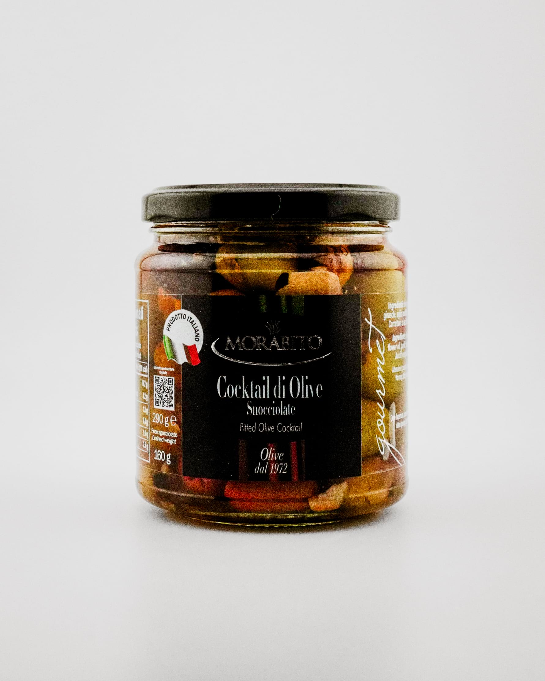 Jar of Morabito olives on a white background