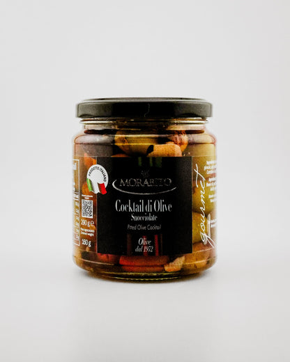 Jar of Morabito olives on a white background