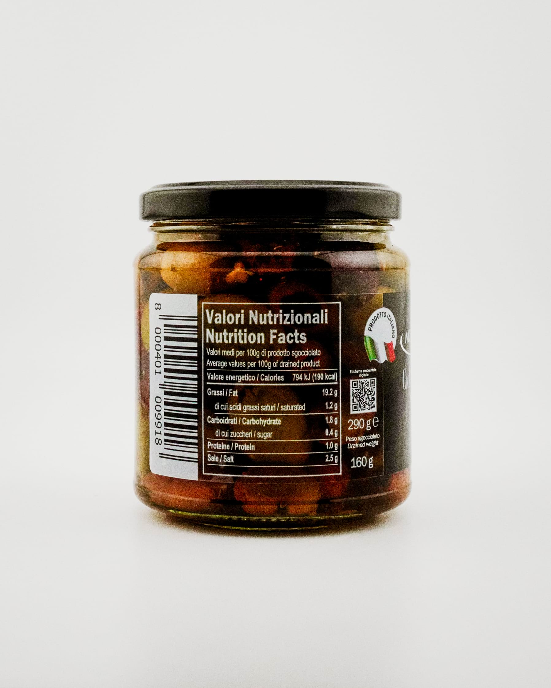 Jar of Morabito olives with nutritional label on a white background