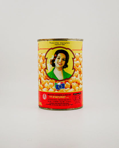 Can of chickpeas with a brand logo on a white background