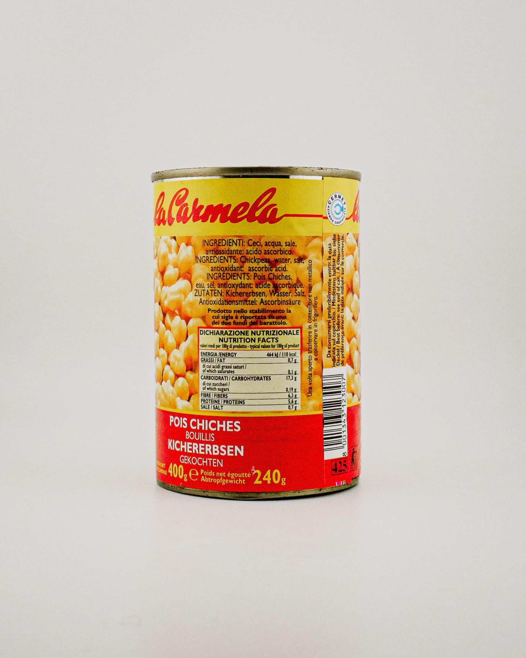 Can of La Carmela beans on a white background