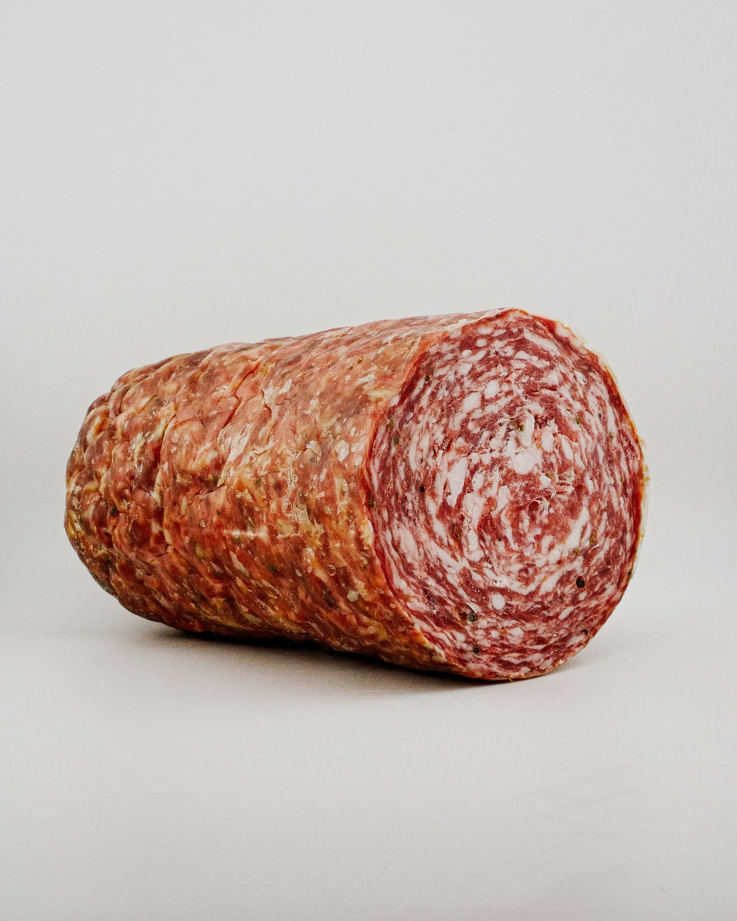 Rolled Fennel salame on a light gray background