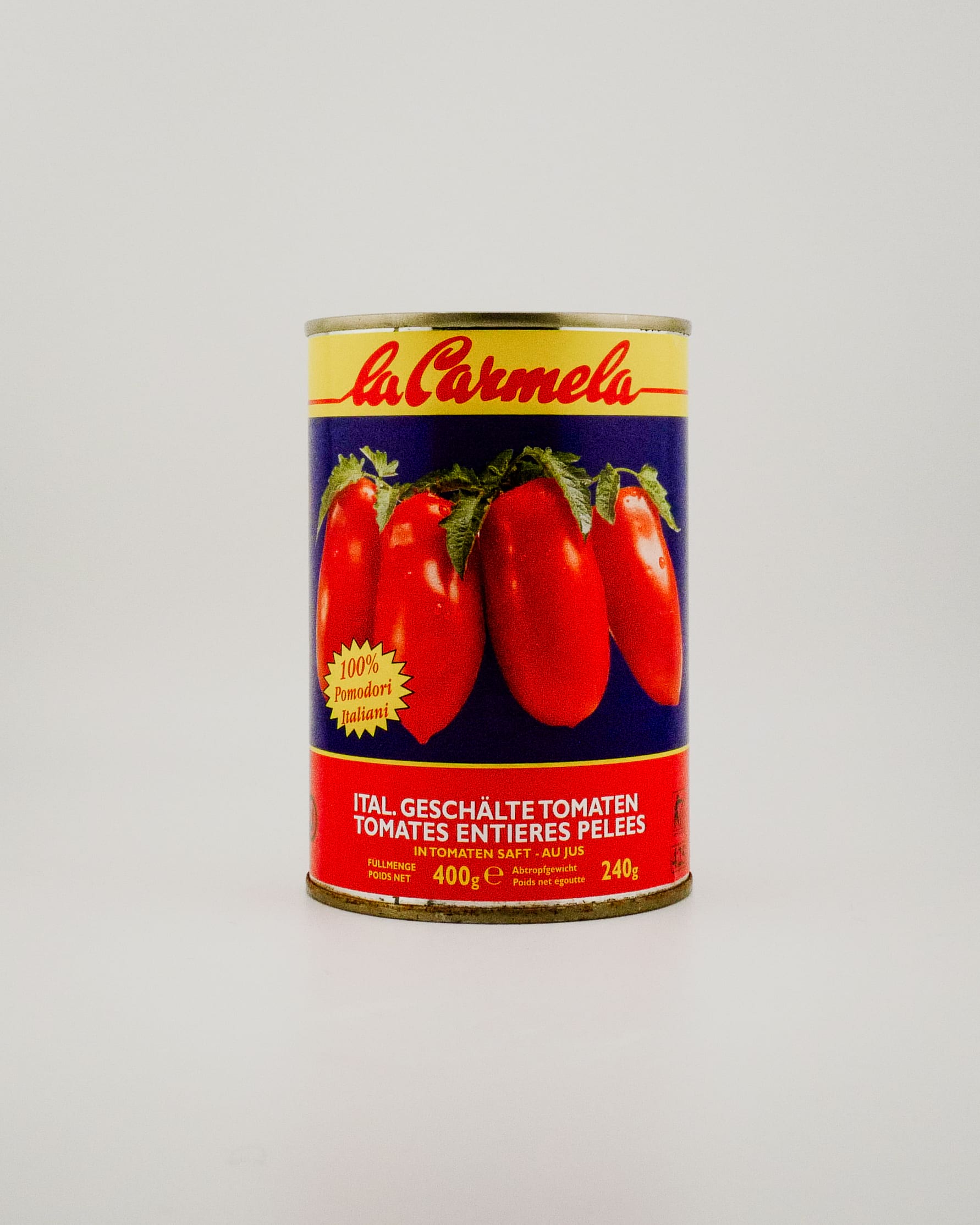 Can of La Carmela tomatoes on a white background