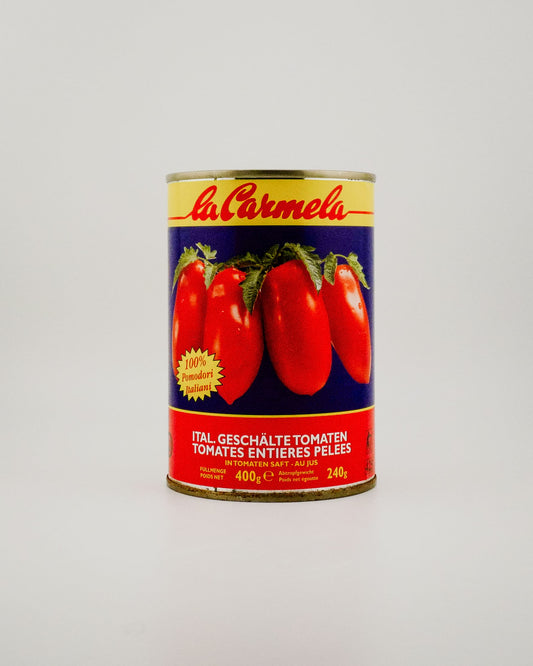 Can of La Carmela tomatoes on a white background
