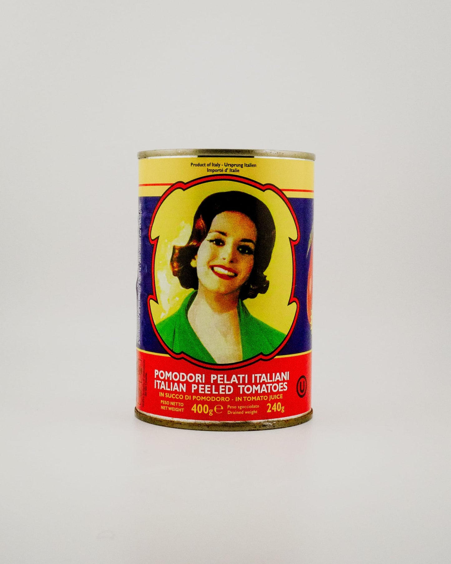Can of Italian peeled tomatoes with a colorful label featuring a woman's portrait on a white background