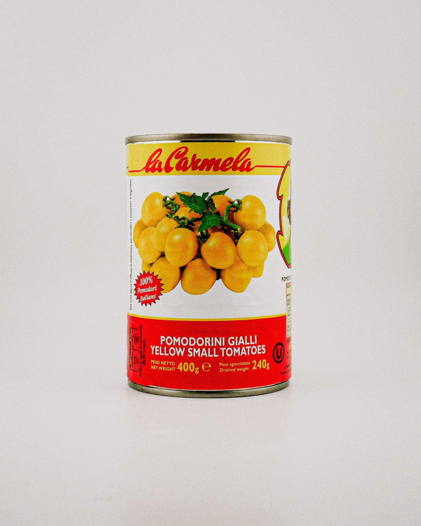 Can of La Carmela yellow small tomatoes on a white background