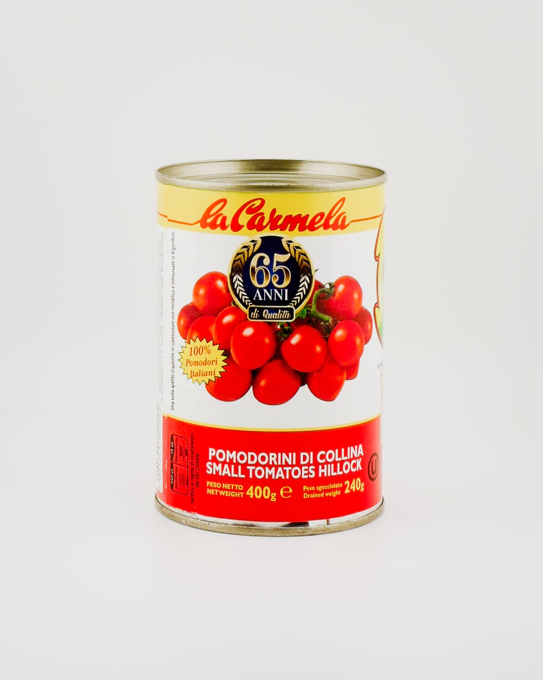 Hill tomatoes in a tin on white background