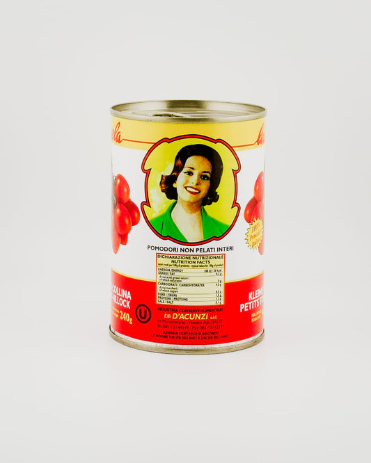 Hill tomatoes in a tin on white background