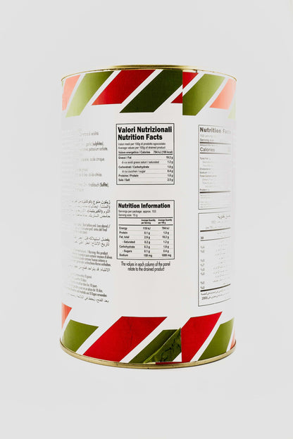 Nutrition facts label on a cylindrical container with red and green stripes. Italian olives