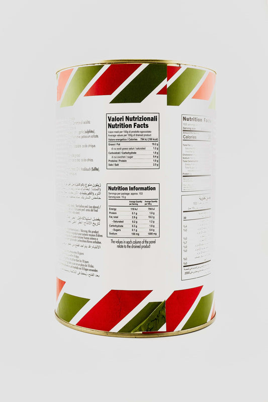 Nutrition facts label on a cylindrical container with red and green stripes. Italian olives