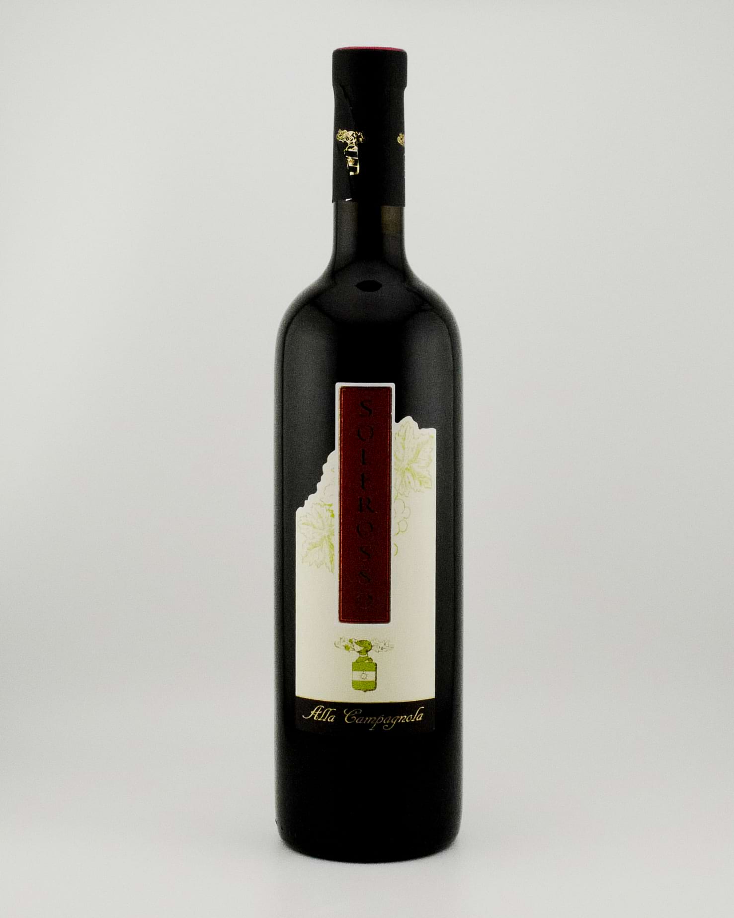 Black wine bottle with a label on a white background