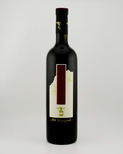 Black wine bottle with a label on a white background