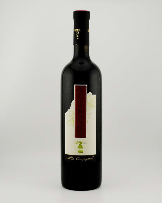 Black wine bottle with a label on a white background