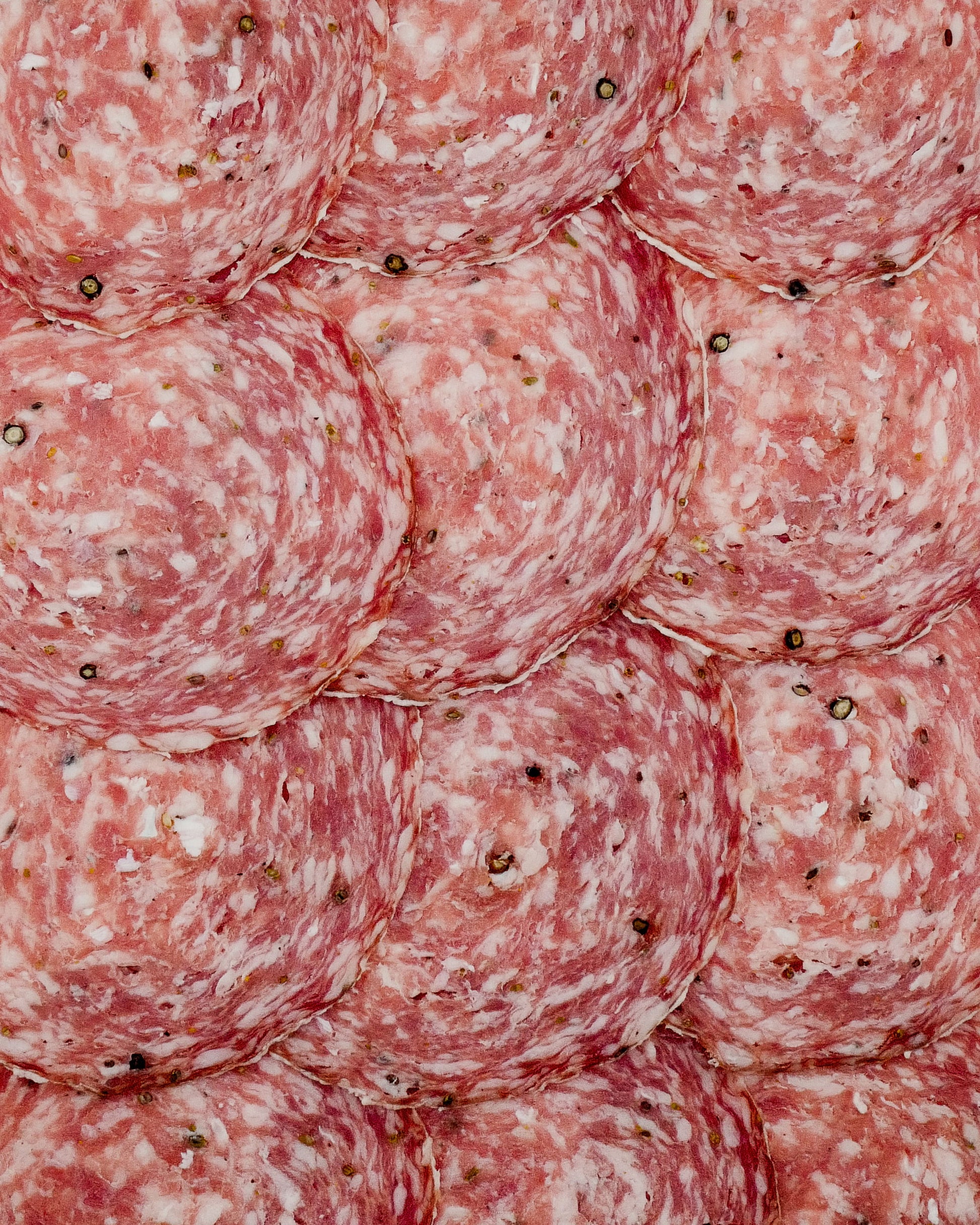 Close-up of sliced salami with a pinkish-red color and white fat streaks.