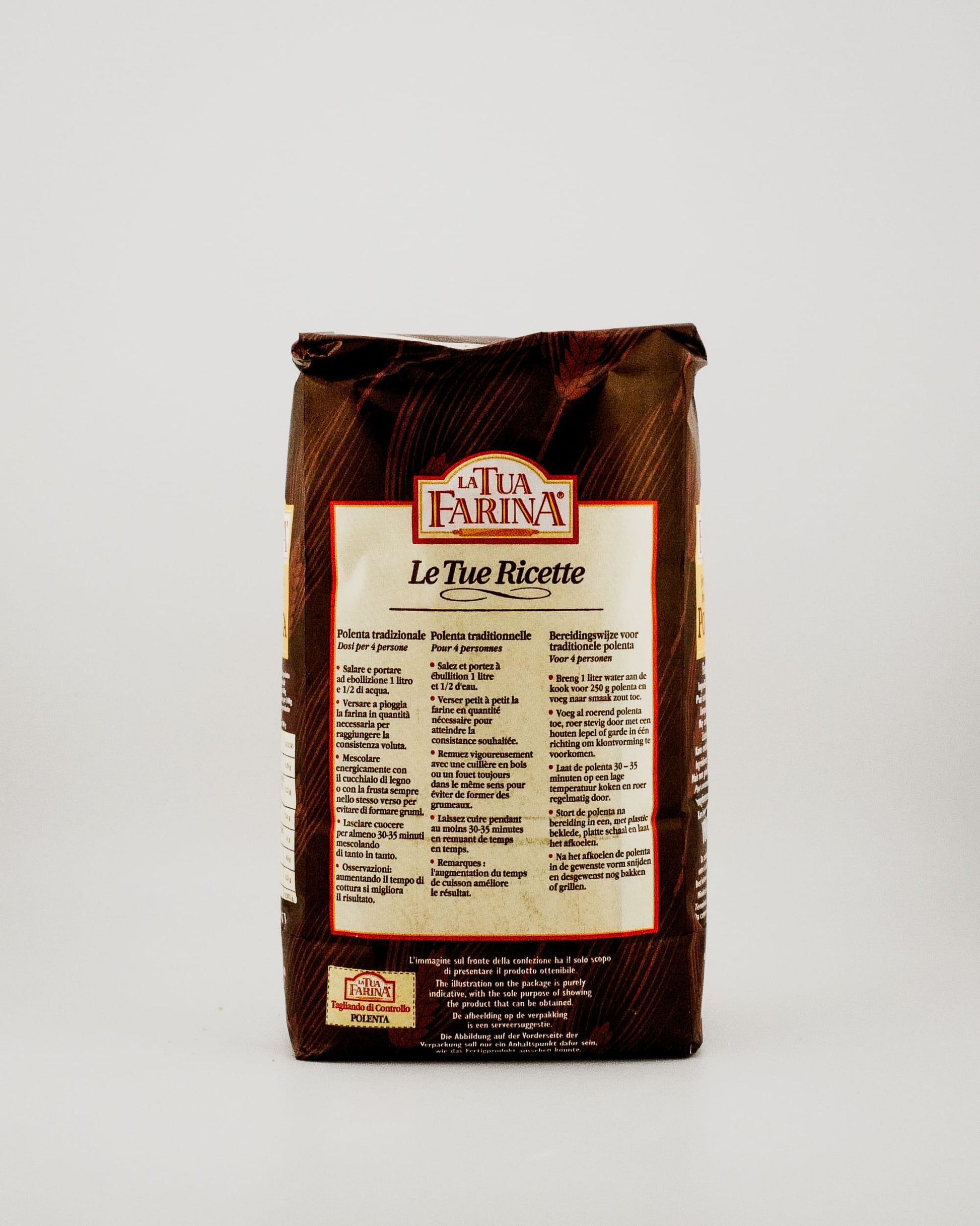 La Farina pasta bag with a white label on a light gray background