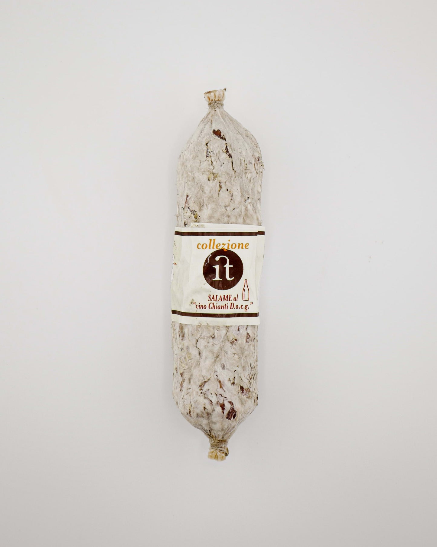 Salami with a label on a white background