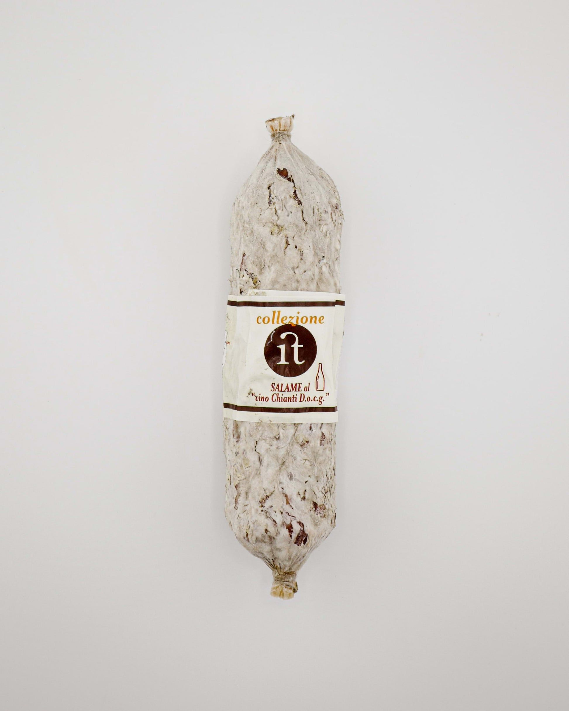 Salami with a label on a white background