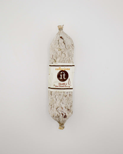 Salami with a label on a white background