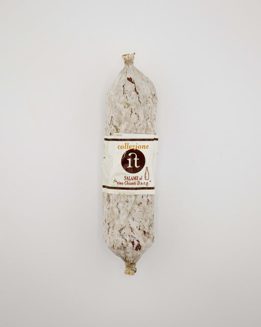Salami with a label on a white background