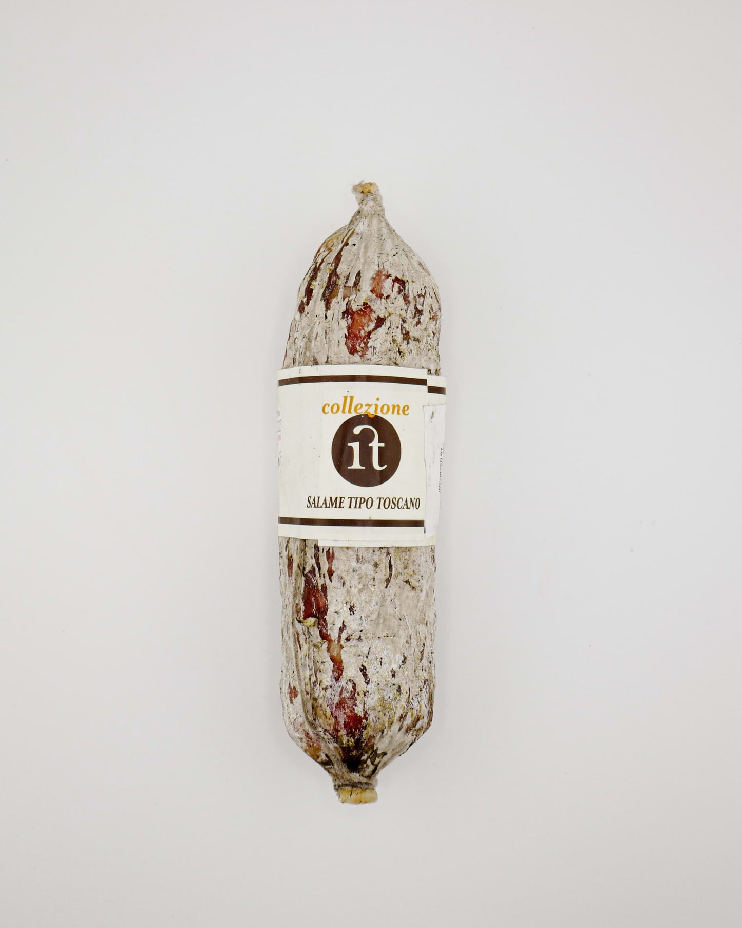 Salami with a label on a white background
