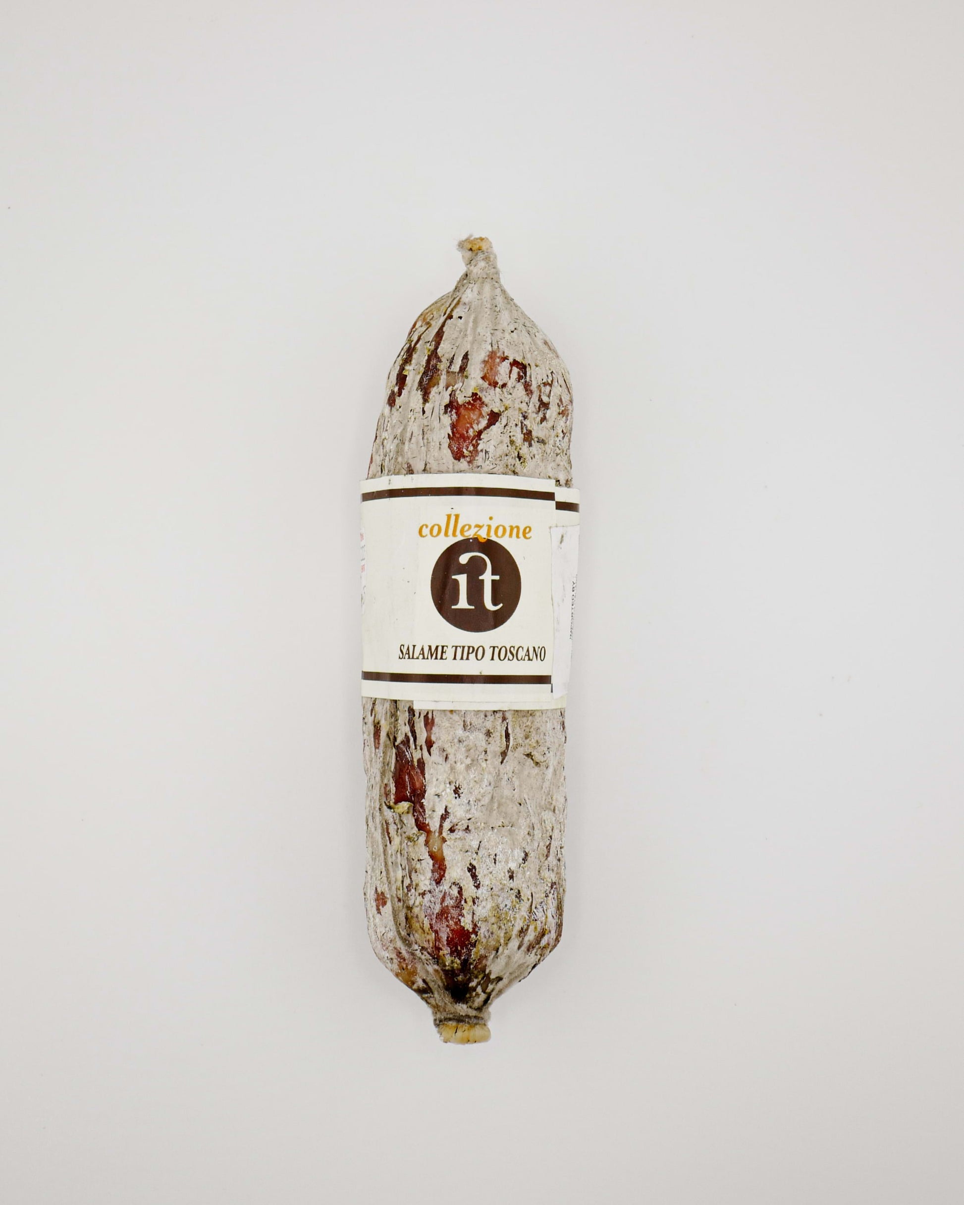 Salami with a label on a white background