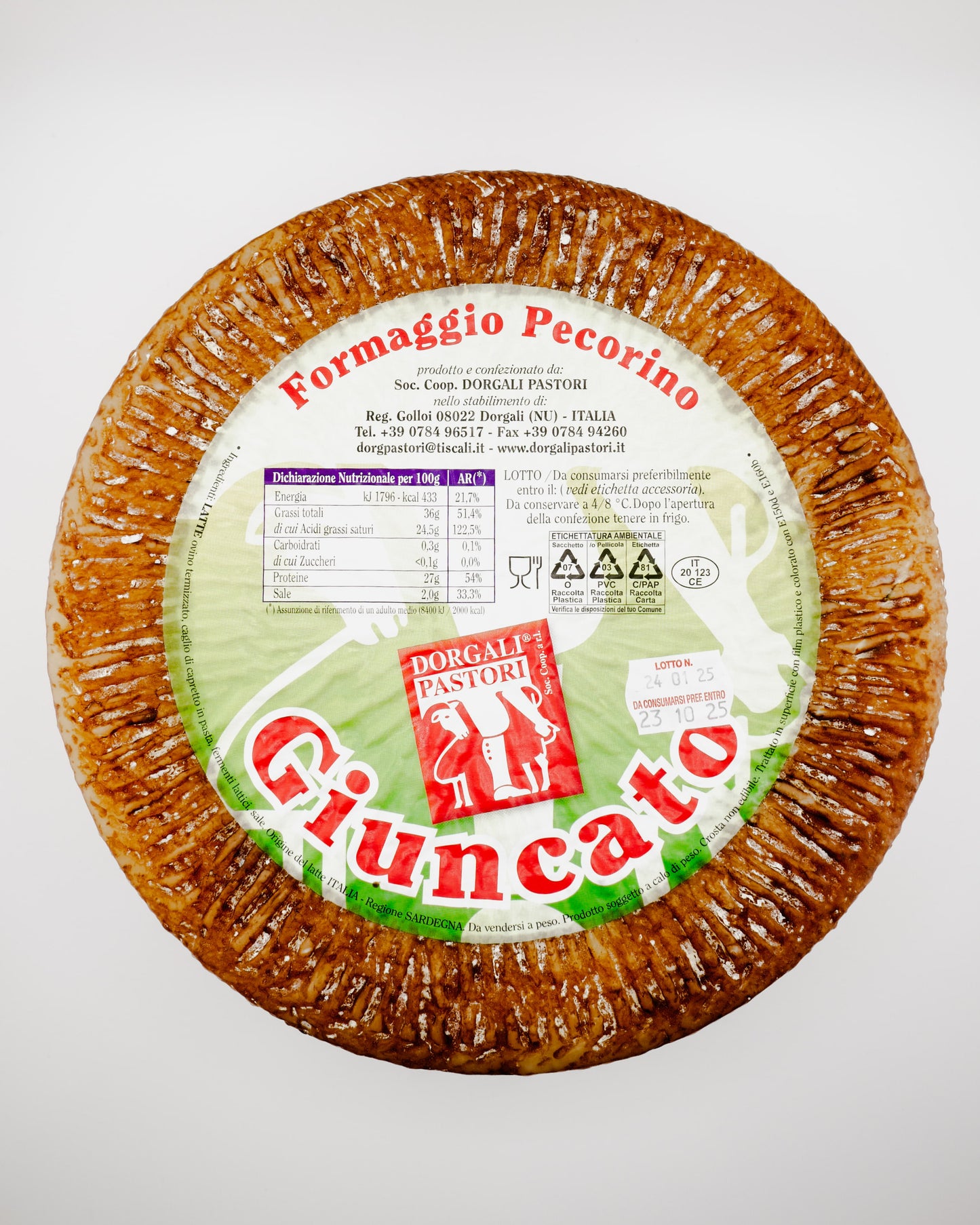 Piuncato Formaggio Pecorino cheese wheel with packaging on a white background